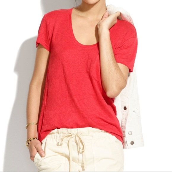 Madewell Red 100% Linen Timeoff Pocket Tee Small - Picture 1 of 6